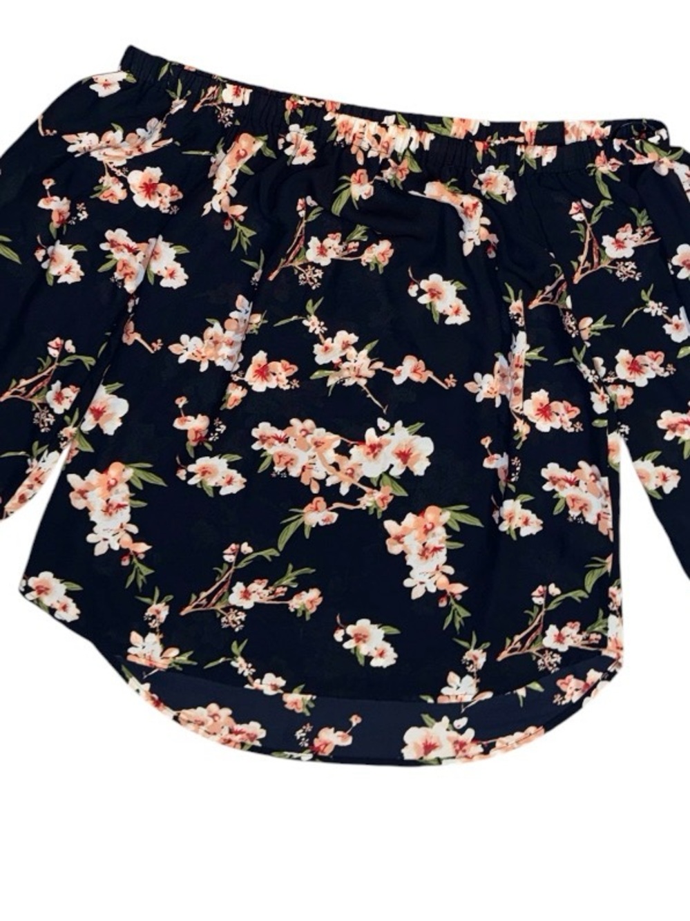 NWT Lila Rose Navy Blue Floral Off Shoulder Peasant Blouse Smocked Boho Top S